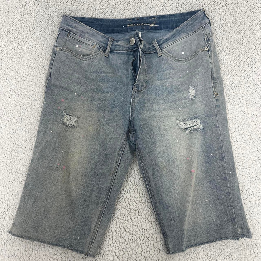 Seven7 Bombshell Bermuda Denim Shorts Light Wash Paint Splatter Distressed 8